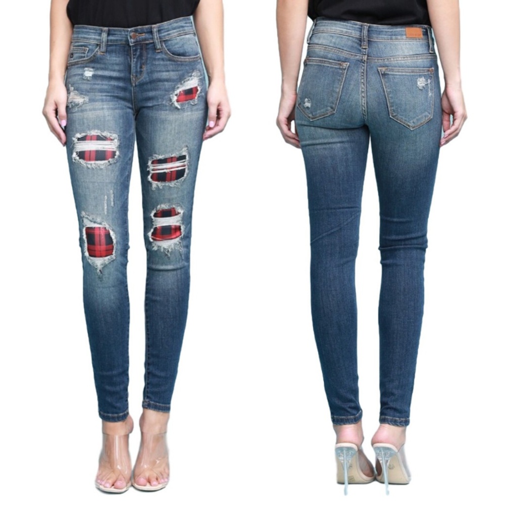 NWT Judy Blue Buffalo Red Plaid Skinny Jeans